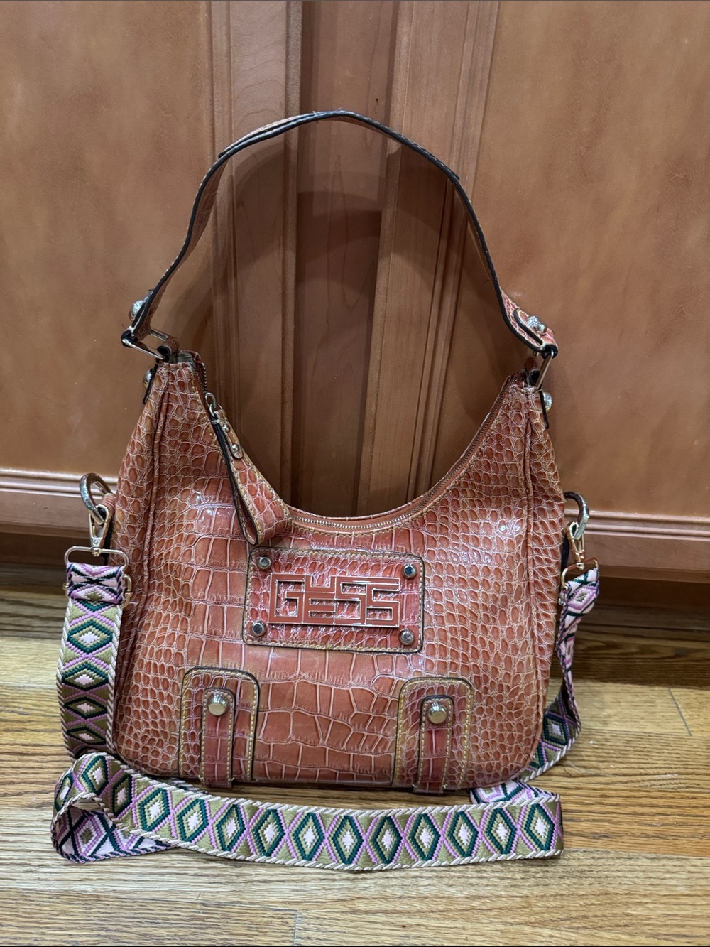 Guess Orange Croc-Embossed Bag, Perfect for Fall and Halloween!